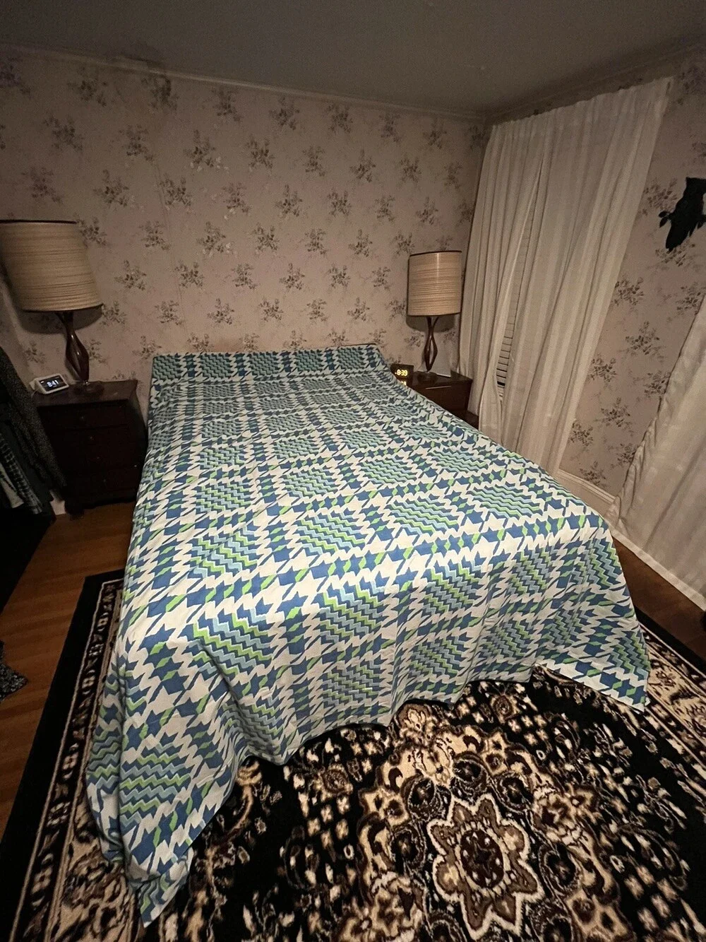 VTG Yves Saint Laurent Fieldcrest Blue Green Desert Song 70s King Flat Bed Sheet